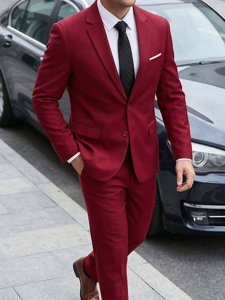 WindsorQuad Furuyal 男士两件套西装外套，纯色西装外套领带套装，长袖，双排扣/单排扣修身款，适合旅行、婚礼、派对、商务、舞会等场合，浅酒红色，尺码 XS-3XL - 紅色 - 查看 1