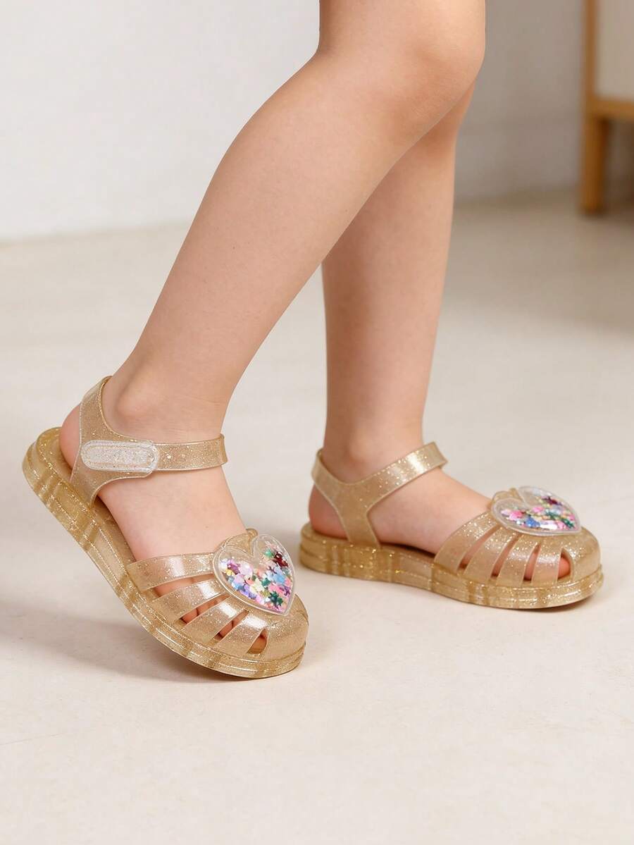 女童金色亮片果冻凉鞋 - 闭趾夏季鞋,心形亮片装饰,可爱公主风沙滩凉鞋,适合幼儿 - 香檳色 - 查看 1