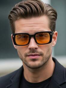 1 Pair Men's Square Frame Rivet Classic Fashion Fashion Glasses, Suitable For Beach, Party, Fishing, Cycling, Driving, Wedding And Other Occasions - Shiny Black Orange Slices - View 1