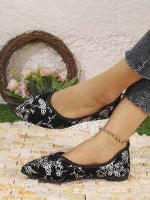 新款中国风刺绣鞋，女士春季尖头平底鞋，民族风竹枝刺绣鞋，复古刺绣平底鞋 - 黑與白 - 查看 5