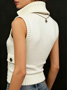 Áo khoác cardigan không tay dành cho nữ với khóa kéo lớn, cổ cao và thiết kế nhiều nút. - trắng - Xem 2