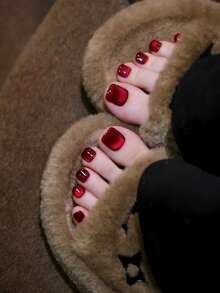 24pcs/Set Y2K Aesthetic Blood Red Crystal Cat Eye Press-On Toenails, Perfectly Fitted Acrylic Fake Toenails, Includes 1 Jelly Glue And 1 Nail File, Suitable For Women And Girls Summer Daily Nail Supplies. - Red - View 6