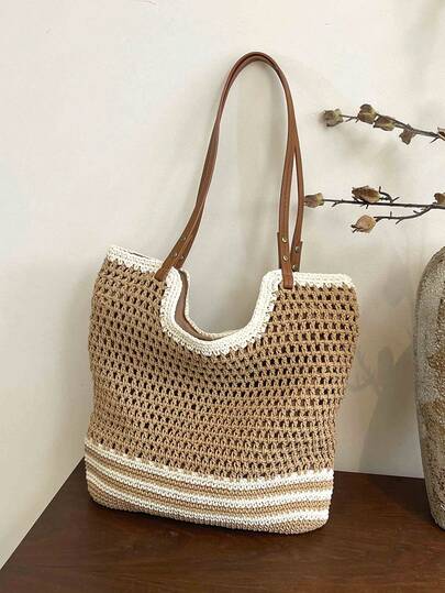 Minimalist Contrasting Color Woven Design Large Capacity Tote Bag, Fashionable Commuter Shoulder Handbag