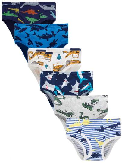 6pcs Boys' Soft Truck & Dinosaur Pattern Briefs