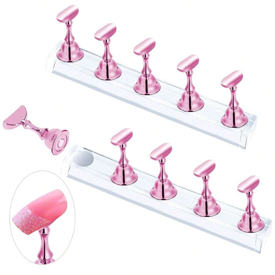 2 Sets Pink Nail Stand Press On Nails Display, Magnetic Nails Holder Painting Nails Practices, Beginner Acrylic Nail Art Kit Accessories, Nail Salon Equipment And Decor - 2套粉色指甲架 - 查看 1