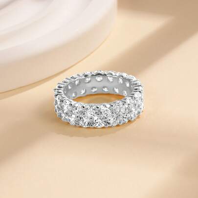 MDFUN 18K White Gold Plated Double Row Round CZ Eternity Ring - Dainty Everyday Wear Band For Women