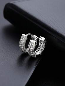 全镶钻嘻哈圈形耳环，时尚独特设计，简约奢华男士耳环，百搭优雅耳环 - X009-A(一對裝) - 查看 5