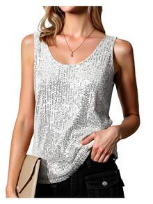 Sequin Tops For Women Sleeveless Scoop Neck Sparkle Shimmer Tanks Tops Sexy Party Base Tank Top Fashion Shimmer Cami - 銀色 - 查看 1