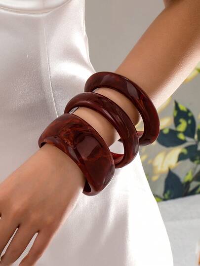 Set de 3 piezas de pulseras redondas de resina de para mujeres, pulseras versátiles y de moda con textura de mármol vintage