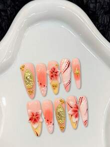 10Pcs Long Pointy Fake Nails Red Pink Gradient Flower Design Hand-Made Press On Nails For Women - Multicolor - View 4