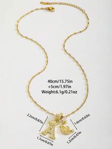1pc Fashionable Gold-Tone Cubic Zirconia Crown & Letter Pendant Necklace, Star & Moon Charm Jewelry Accessory, Summer Party & Vacation Style - Gold - View 3