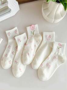 1/5 Pares de Meias de Tornozelo Femininas com Laço e Estampa Floral Fofa, Estilo Universitário INS, Meias Curtas Macias, Respiráveis e com Absorção de Umidade para Uso Diário, Esportes, Looks Casuais, Escola e Moda para Todas as Estações - Multicolorido - Visão 1