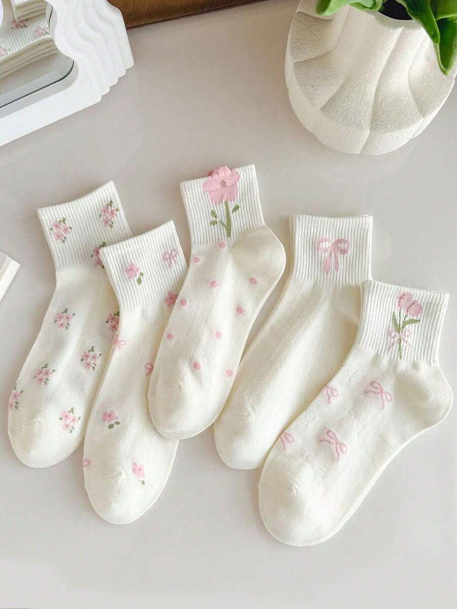 1/5 Pares de Meias de Tornozelo Femininas com Laço e Estampa Floral Fofa, Estilo Universitário INS, Meias Curtas Macias, Respiráveis e com Absorção de Umidade para Uso Diário, Esportes, Looks Casuais, Escola e Moda para Todas as Estações - Multicolorido - Visão 1