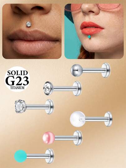 CIZME 6件装钛合金锆石唇钉，16G唇钉，G23平底唇钉，适用于耳屏/鼻/耳廓/耳甲/唇钉/唇部穿孔 - 男女通用耳廓耳屏软骨耳环