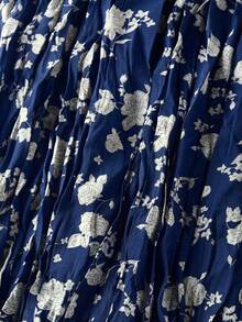 EARO Women's Elegant Floral Print Pleated Skirt, Versatile & Fashionable Vacation Spring - Blue Background With Apricot Blossoms - View 4