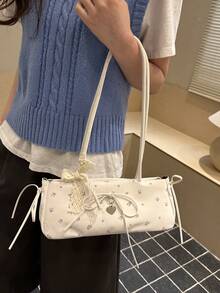 Nuevo bolso de moda con estampado completo, decoración de lazo de encaje, elegante bolso de hombro de metal de uso múltiple para mujeres, adecuado para compras, billetera, compras, mujeres jóvenes, estudiantes universitarios, recién casados, trabajadores de cuello blanco. Ideal para oficina, escuela, trabajo, transporte, actividades al aire libre, viajes, salidas y otras ocasiones. - Blanco - Ver 7