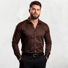 Men's Satin Shirt, Premium Fabric, Simple, Regular Fit, Button-Down - Óxido marrón - Ver 10