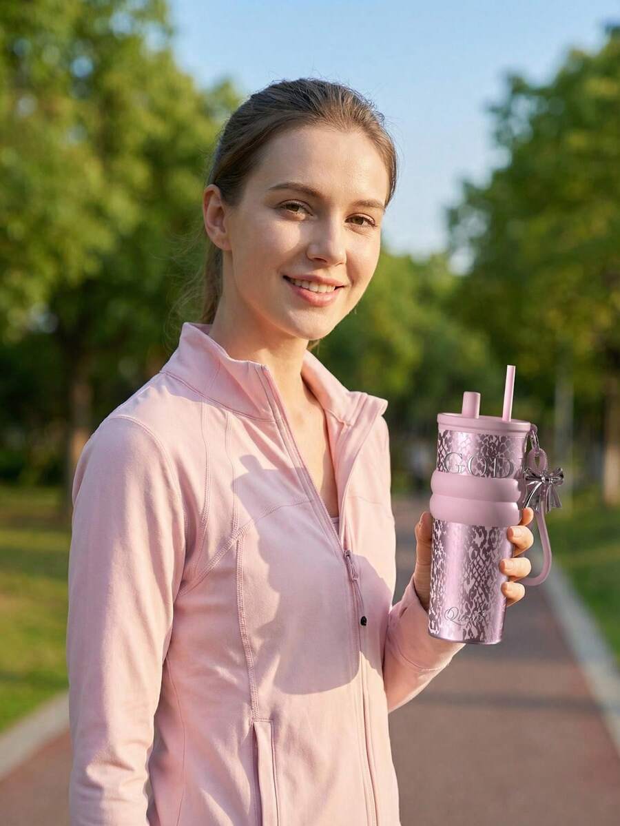 Bình giữ nhiệt Queen Pink họa tiết da rắn | Lớp lót gốm an toàn cho sức khỏe, thiết kế 2 trong 1 có vòi uống và ống hút, nơ xinh xắn và dây đeo cổ tay, phù hợp với giá đỡ cốc trên ô tô, hộp quà cao cấp dành cho phụ nữ và bé gái - Bình nước giữ nhiệt bằng gốm - Xem 1