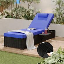Techigher Rattan Sun Lounger Set Of 2, 5-Level Adjustable Garden Chaise Lounge Chair Reclining Sunbed With Cushion And Storage Table, Outdoor Wicker Sunbathing Recliner Chair For Patio Deck Poolside - Brown rattan + blue cushion - 查看 4