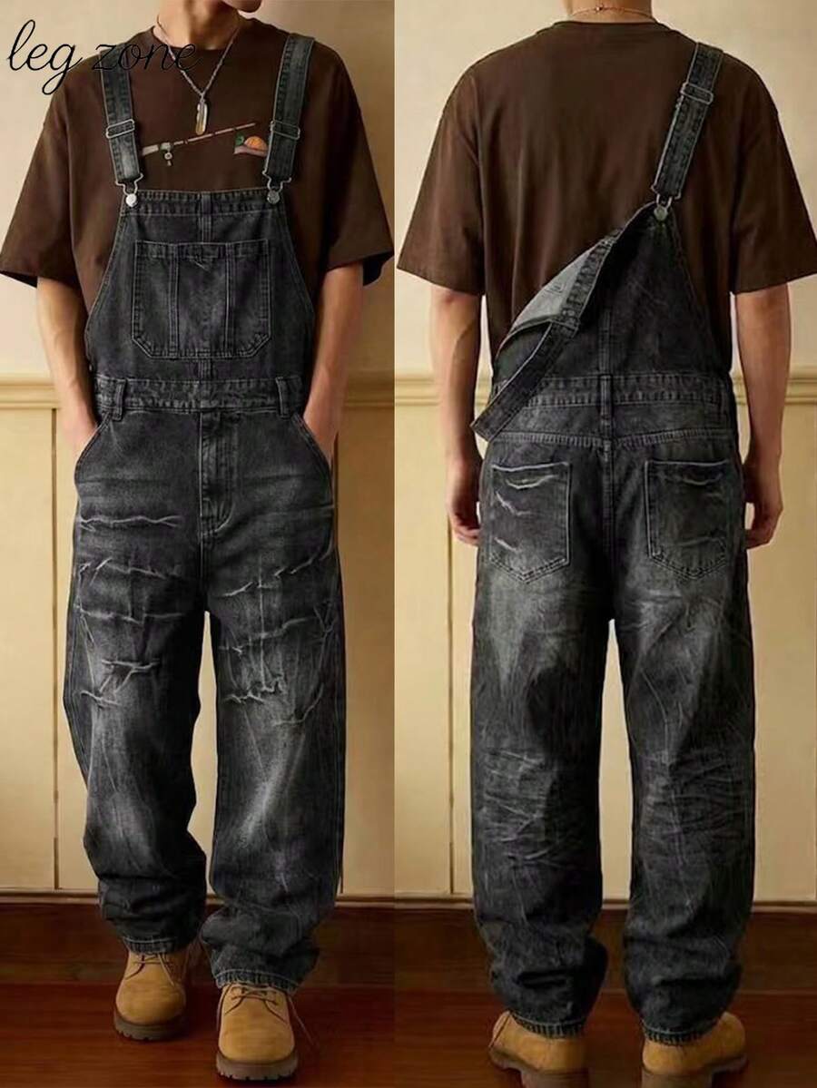 1Pcs Men's Vintage Distressed Baggy Denim Overalls, Loose Straight Leg Streetwear Jeans Jumpsuit, Unisex Casual Denim For Daily Wear - 黑色 - 查看 1