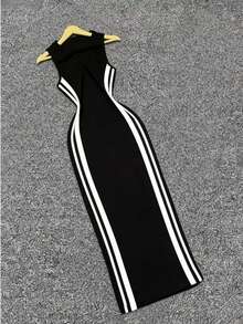 Black & White Contrast Striped Sleeveless Bodycon Midi Dress, Sporty Chic Racerback Tank Dress - Black and White - View 4