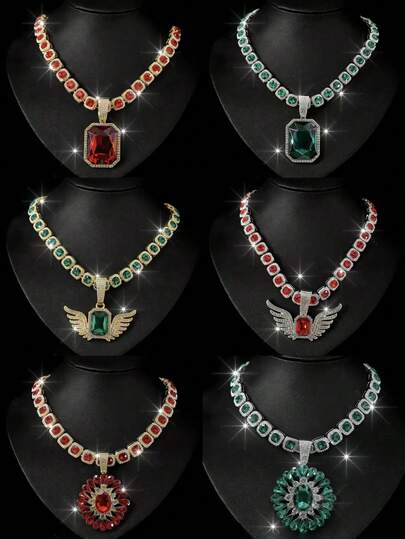 1 pieza Collar con colgante totalmente cubierto de hielo en rojo/verde y de colores, collar de lujo brillante para hombres, disponible en múltiples estilos, adecuado para usar en fiestas