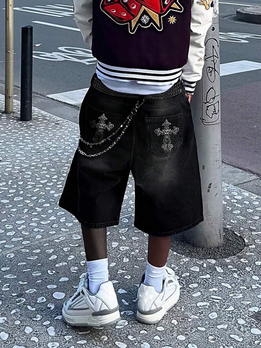 Men's Dark Black Washed Gothic Style Embroidered Loose Casual Denim Shorts, Suitable For Outing, Party, College And Streetwear - 黑色 - 查看 1