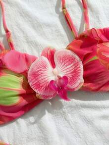 3件套女士印花优雅性感露背系带3D花朵裙比基尼套装，适合海滩度假穿着，春夏假期 - 玫紅色 - 查看 5