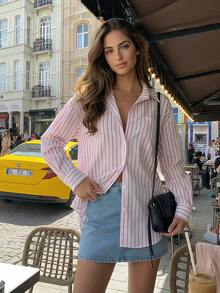 2026春季新款复古美式宽松长袖条纹印花女式衬衫 粉色 - 粉色 - 查看 2