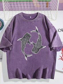 Graphic Tees Casual Short-Sleeved T-Shirt-Black Blue Whale And Shark Marine Ecosystem Print, Loose Round Neck, Machine Washable Four-Season Comfortable Top, Summer Dress, Natural Inspiration Pattern, Soft Fabric. - 紫色01 - 查看 1