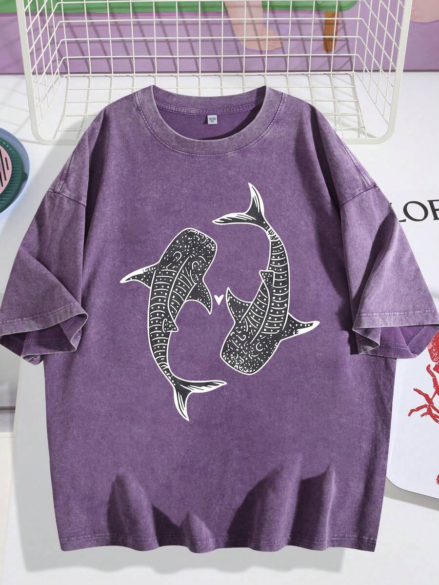 Graphic Tees Casual Short-Sleeved T-Shirt-Black Blue Whale And Shark Marine Ecosystem Print, Loose Round Neck, Machine Washable Four-Season Comfortable Top, Summer Dress, Natural Inspiration Pattern, Soft Fabric. - 紫色01 - 查看 1