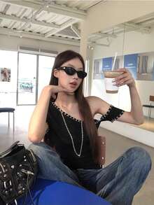 Áo dệt kim hai mặt mùa xuân mới dành cho nữ, màu đen, vai lệch, kiểu dáng thời trang, thích hợp mặc hàng ngày. - màu đen - Xem 7