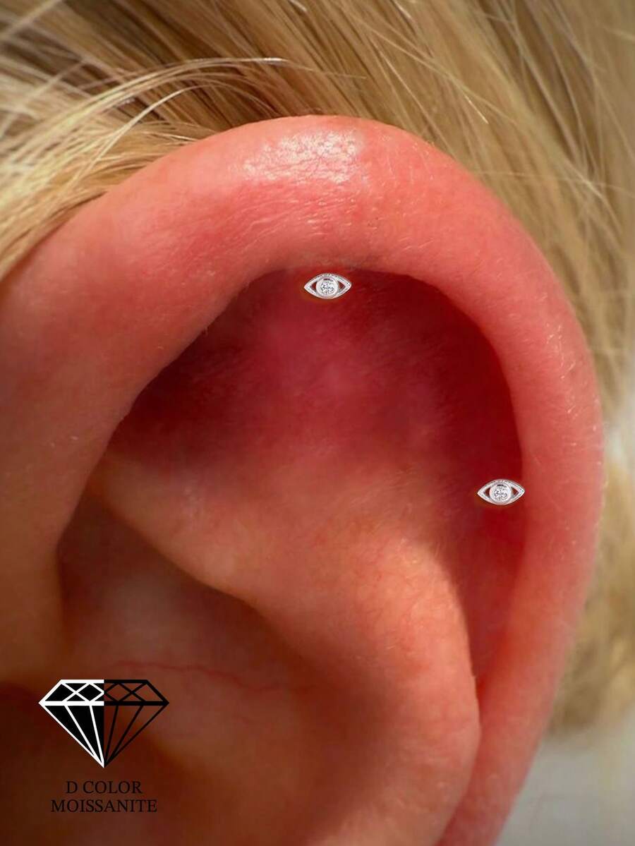 EleRunis 1PC 0.1ct Moissanite Diamond 925 Sterling Silver Eye 18K Gold Plated Flat Back Cartilage Helix Threaded Piercing Fine Jewelry For Daily Wear Wedding Party Engagement Anniversary Valentine's Day - Silver - View 1