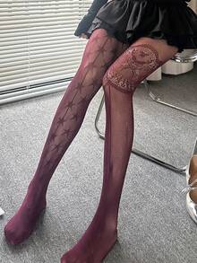 1件ins风镂空提花欧美网眼灰色蕾丝连裤袜，精细网眼星形渔网袜 - 彩色 - 查看 20
