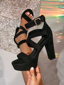 Sandalias de plataforma con tacón alto y grueso de moda en color negro, sandalias de estilo romano sexy para mujeres - Negro - Ver 5