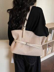 Túi xách nữ dệt tối giản thời trang, dung tích lớn, có khóa cài. - Màu Khaki - Xem 4