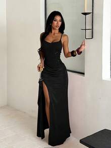 2026 Summer New Sexy Textured Slit Strap Dress – Bodycon Cocktail Party Gown For Women, Vacation Ready Resort Wear & Date Night Outfit - 黑色 - 查看 2