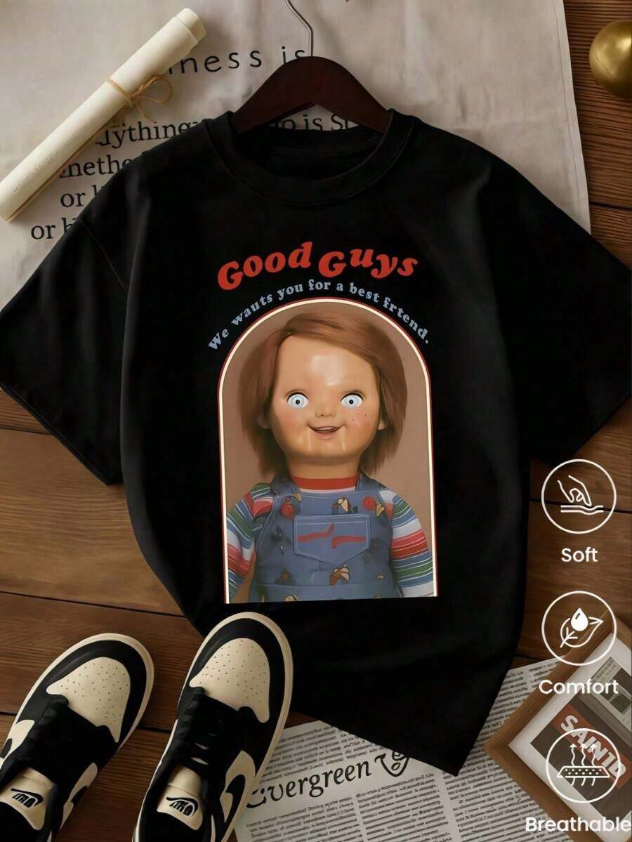 Camiseta de cuello redondo y mangas cortas de ropa fashion, fabricada en México, para la temporada primavera-verano 2025. Con estampado de dibujos animados, es un modelo de pareja, apta para usar tanto por dentro como por fuera, ideal para oficina y estilo casual, diseñada para hombres y mujeres, en unidad individual. - Negro - Ver 1
