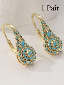 1/2/3 Pairs Elegant Turquoise Teardrop Earrings, Gold-Tone Statement Drop Earrings, Luxury Jewelry For Women, Daily Wear, Party & Valentine Gift - Imitation Turquoise Earrings - View 4