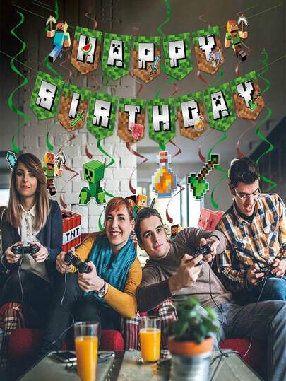 Minecraft 我的世界像素风游戏主题生日派对装饰套装 - 横幅、螺旋挂饰、墙饰、背景幕布、节日挂旗，适合生日和节日装饰