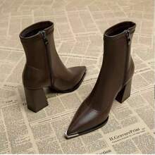 2025秋冬新款时尚尖头棕色粗跟踝靴，法式高端修身侧拉链踝靴，百搭优雅 - 棕色 - 查看 3