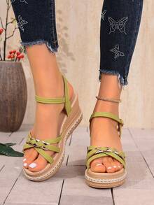 女士夏季新款鞋履，时尚凉鞋，休闲圆头绿色厚底坡跟复古罗马女士拖鞋，舒适百搭波西米亚风多场合踝带高跟凉鞋 - 青檸色 - 查看 5