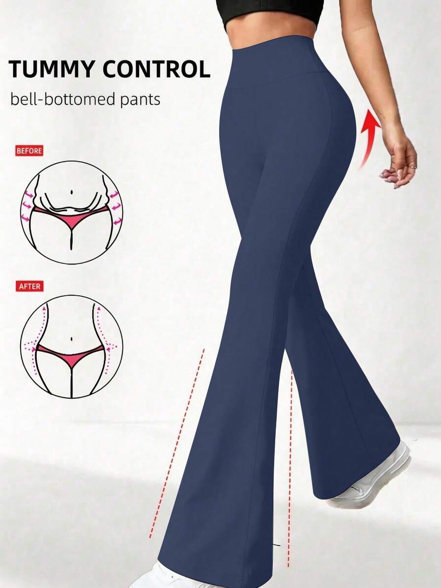 Women's Solid Color Flare Pants, Casual Yoga Pants For Daily Wear, Back To School Season, Autumn Spring - Navy Blue - View 1