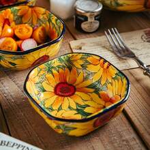 2/4Pcs Sunflower Pattern Ceramic Seasoning Dishes, Square Design Dipping Bowls For Sauce, Soy Sauce, Sushi, Kitchen & Restaurant Supplies - Multicolor - View 1