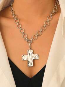 1pc Vintage Minimalist Exaggerated Fashionable Metal Geometric Circle Hammered Cross Pendant Necklace With Thick Chain, Suitable For Daily Wear - 銀級 2 - 查看 2