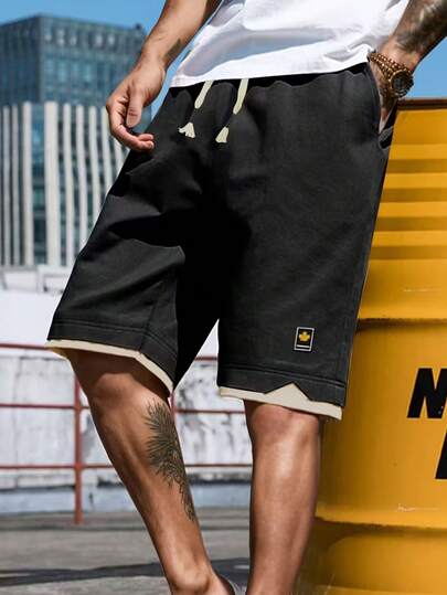 Men's Fashionable Casual Shorts, Drawstring Waist Design, Moderate Elasticity, Suitable For Beach Vacation, Outdoor Sports, And Daily Casual Wear Black