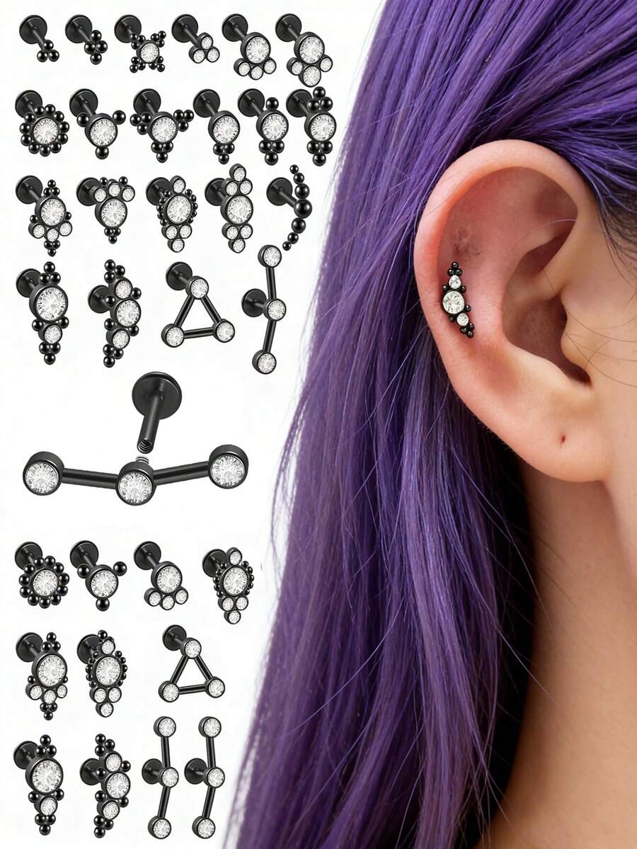 1 chiếc khuyên môi bằng thép không gỉ 16G đính đá CZ đen, có ren trong, thích hợp cho xỏ khuyên sụn tai, vành tai, xoắn tai và daith.