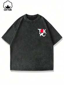 Plusstorlek herr sommart-shirt med japanskt Torii-portsmönster, kortärmad, tvättad - Svart - Visa 3