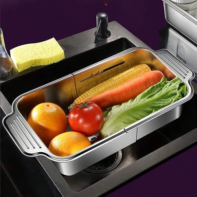 Extra Large Adjustable Stainless Steel Kitchen Sink Strainer - Durable 304 Stainless Steel, Expandable Drain Basket, Efficient Vegetable Cleaning, Baroque Style, Brushed Finish, Freestanding Design, Ideal For Household Use, Fits Kitchen Sink Drain