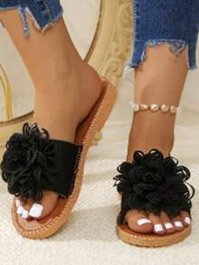 1 par de nuevas flores negras huecas de tela enrollada, adecuadas para corsages, sandalias, accesorios florales 3D hechos a mano - Negro - Ver 4